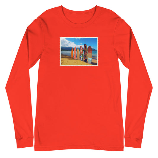 Postcard Boarding in Maui Unisex Long Sleeve Tee